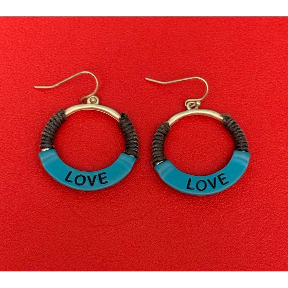Gold Hoop Dangle Earrings Turquoise Blue Love Cord Wrapped Boho Casual Boutique